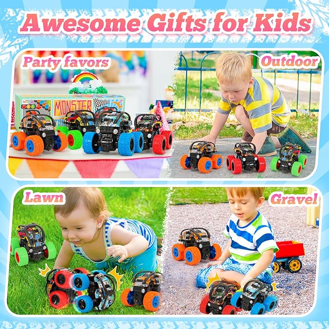 4 Pcs Pull Back Race Cars Flip Stunt Car Vehicles, Push Friction Powered Toy Cars Boys Party Favors