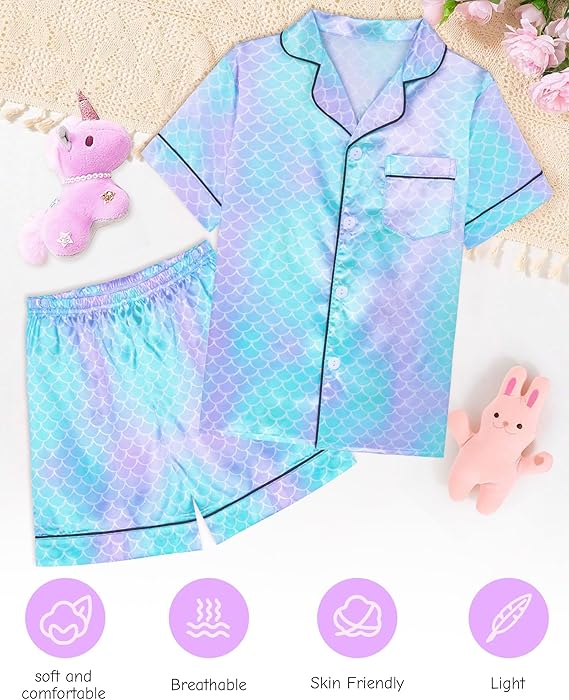 Made from 100% Polyester that's silky soft smooth silky material to the touch and beautiful color design. Pajama Set Silky PJS Button-Down Sleepwear Nightwear Loungewear Clothes Set Gifts