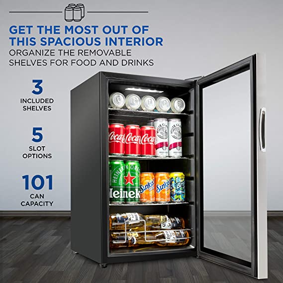 101 Freestanding Ultra Cool Mini Drink Fridge | Beer, Cocktails, Soda, Juice Cooler for Home & Office | Reversible Glass Door & Adjustable Shelving