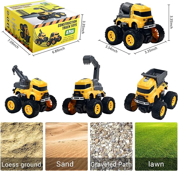 Dump Trucks Toy | Push and Go Friction Powered Cars Stunt Vehicles Playset | Kids Birthday Party Favors Gifts, Monster Truck Toys - 4pcs Excavator,