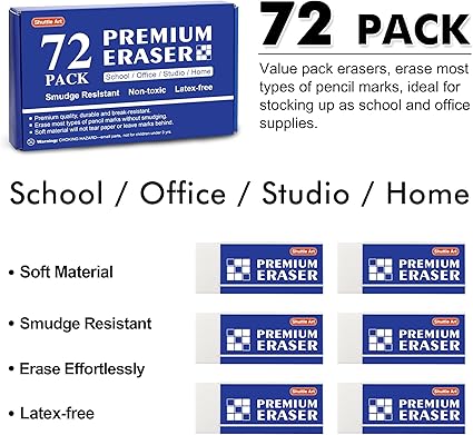 Shuttle Art erasers can erase most types of pencil marks without smudging and soft material will not paper or leave marks behind,  White Erasers Classroom Set for Kids Teachers as School and Office Supplies