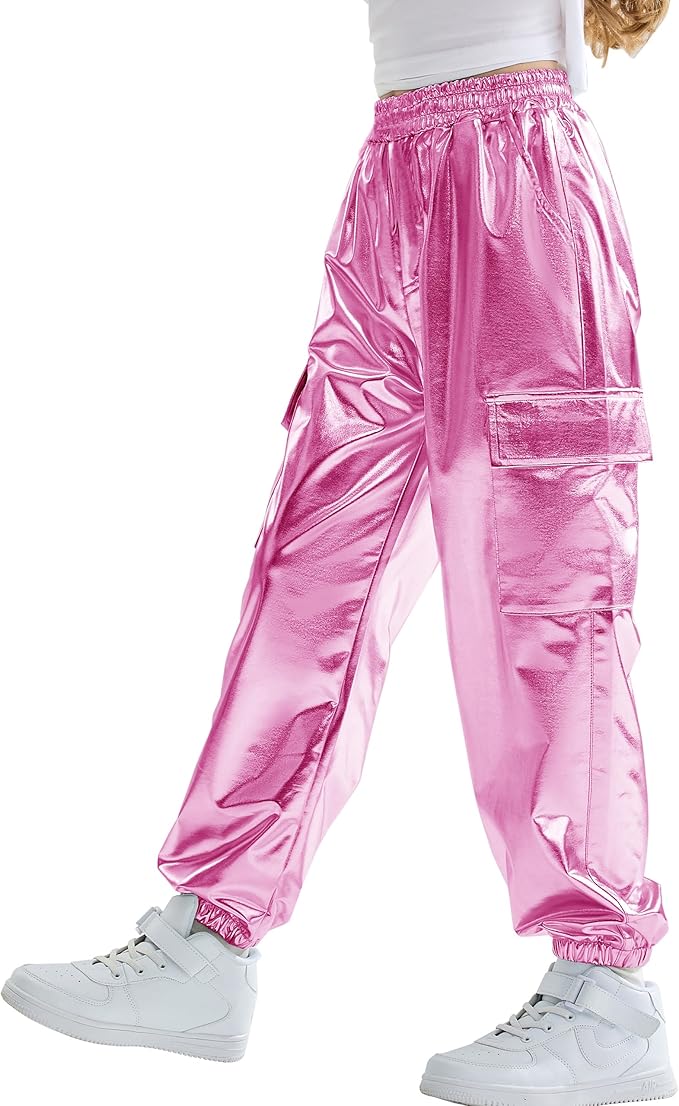 Girls cargo pants with metallic detail, side pockets and flap cargo pockets convenient for you to carry small items during play or dance,