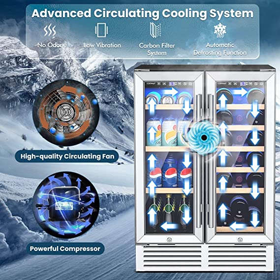 24 Inch Wine and Beverage Refrigerator Cooler, 19 Bottles and 57 Cans Dual Zone Beverage Fridge Cellar with Memory Temperature Control, 2 Safety Lock, LED Light, Built-In or Freestanding 2-in-1