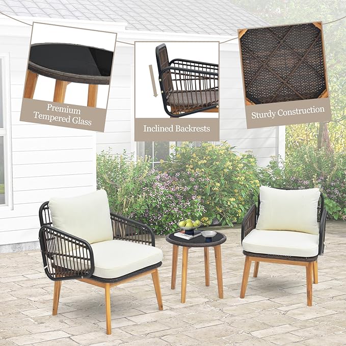 Cozy seat and back cushions ensure unparalleled comfort and relaxation Sturdy acacia wood frame guarantees high-strength and durability,  Piece Wicker Patio Furniture Set, Wood & Rattan Chairs and Table Sets with Cushions