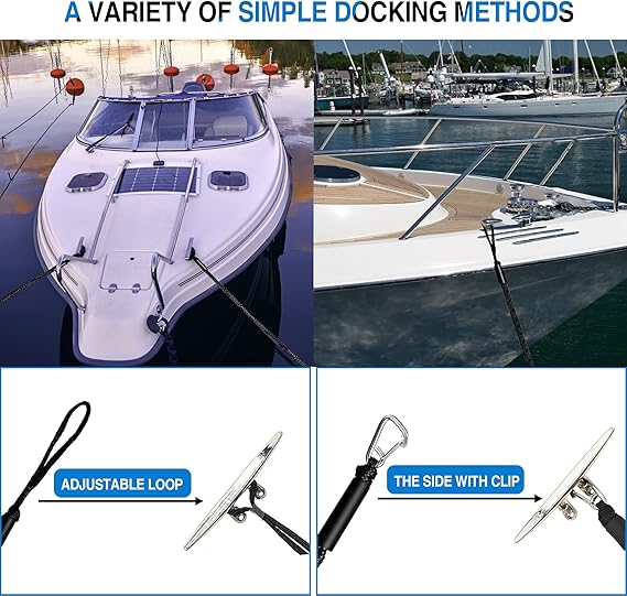 protect the boat from chafing. Boat bungee absorbs shock to boats and docks, 2 Pack (6ft & 6ft) Bungee Dock Line Mooring Rope