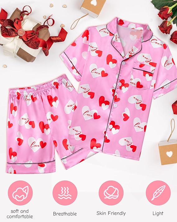 Short sleeve notch collar button-down top match elastic waist pants. Simple design with chest pocket. This 2-piece pajama set is the perfect jammies for kids girls.