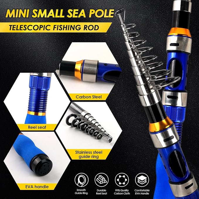carbon fiber with fiberglass material, lightweight, high hardness and long service life. Stainless steel guide rings with more refined production process, 2PCS Telescopic Fishing Pole Spinning Reel Lures Accessories with Case, Portable Fishing Rod Kit