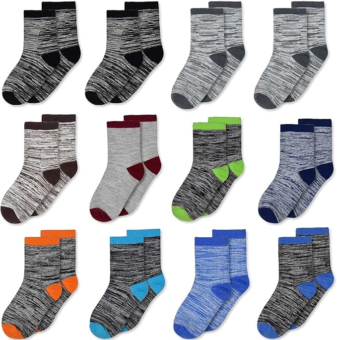 12 Pairs made from 78% cotton and 22% polyester, which is soft and friendly to children's skin, helps wicks moisture away, great thickness for all seasons wear. Keeps dry in summer, keeps warm in winter