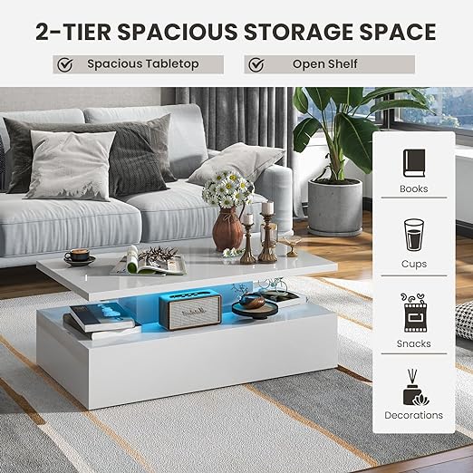 2-Tier Rectangle Living Room Center Table w/Open Shelf, 20-Color LED Lights,  Modern High Gloss Coffee Table