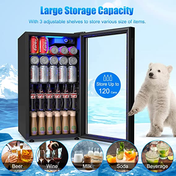 120 Can Mini Fridge with Glass Door, Removable Shelves for Soda Beer Wine