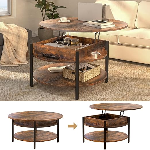 coffee table is equipped with a lift-up top for flexible use. Coffee Table for Living Room, 35.43'' Round Coffee Table with Storage and Hidden Compartment