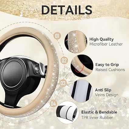 Spotlight, Non-Dropping Diamond, Comfortable Feelings, does not scratch hands, and has good anti-slip effect.  Steering Wheel Cover, White Sparkly Crystal Glitter Rhinestones Universal Fit 14" 1/2-15" Car Wheel Protector