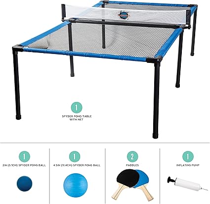 This game is designed to play indoors and outdoors so you can take it on the go to the beach, the backyard, Spyder Pong Tennis - Table Tennis, Volleyball and 4-Square Outdoor Game