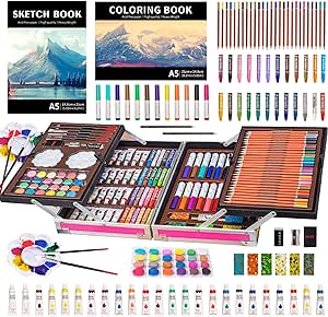 Art Supplies with 2 Sketch Pads, Deluxe Art Set Crafts Aluminum Box, Colored Pens, Pencils, Oil Pastels, Painting Drawing Coloring Gift for Artists Kids