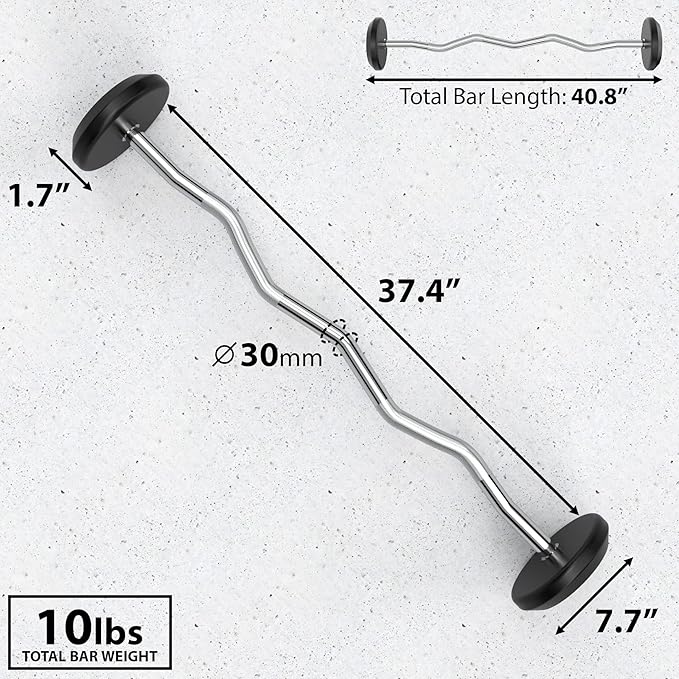 Fixed Easy Curl Bars are 1.25” in diameter and sport a standard knurl. This gives you a comfortable grip, Curved Steel Bar with Rubber Weights