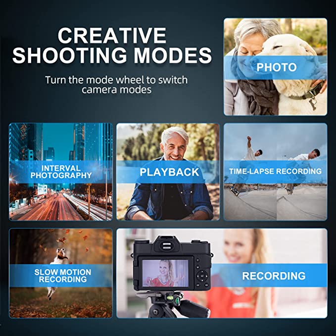 Monitech 4K Digital Cameras for Photography, Video Camera with Wide-Angle & Macro Lenses, Flip Screen vlogging Camera for YouTube, External Microphone, 16X Digital Zoom Camera,32GB TF Card