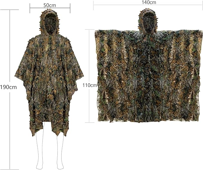 soft polyester lightweight mesh material, comfortable to wear, noiseless. Ghillie camo poncho is easily run and jump when hunting,  3D Leafy Camo Poncho Camoflage Woodland Cape Ghillie Suit for Men - Wildlife Photography