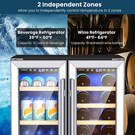 24 Inch Wine and Beverage Refrigerator Cooler, 19 Bottles and 57 Cans Dual Zone Beverage Fridge Cellar with Memory Temperature Control, 2 Safety Lock, LED Light, Built-In or Freestanding 2-in-1