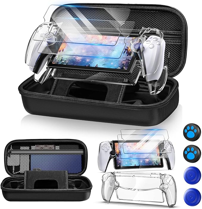 playstation 5 fits perfectly while showcasing the beauty and offering better hand grip, 2 Screen Protector with 4 Thumb Grip, Carbon Black