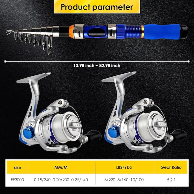 carbon fiber with fiberglass material, lightweight, high hardness and long service life. Stainless steel guide rings with more refined production process, 2PCS Telescopic Fishing Pole Spinning Reel Lures Accessories with Case, Portable Fishing Rod Kit