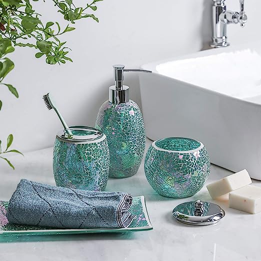 Luxury Modern Décor 4 Piece Bath Accessories Set Ensemble Included Bathroom Liquid Soap Lotion Dispenser Pump Toothbrush Holder Tumbler and Soap Dish, Atwood Branch Style