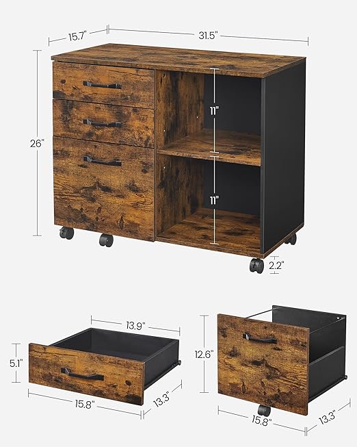 keeping your files organized in one place and easy to access, Cabinet, Home Office Printer Stand, with 3 Drawers and Open Storage Shelves, for A4, Letter-Size Documents,
