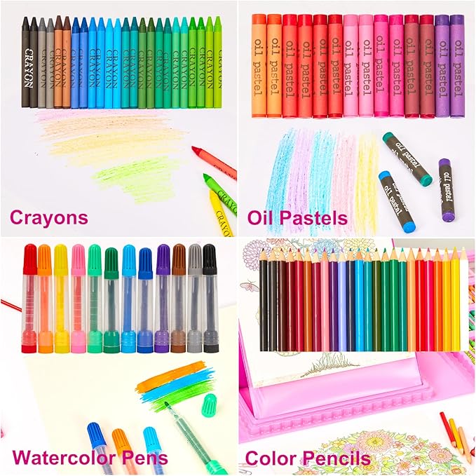 Dream Gift for Mothers of Two Kids: This art set is absolutely amazing and comes fully loaded with lots of painting drawing colouring items. 290 Pack Art Set Crafts, Double-Side Drawing Coloring Easel, Oil Pastels, Crayons,