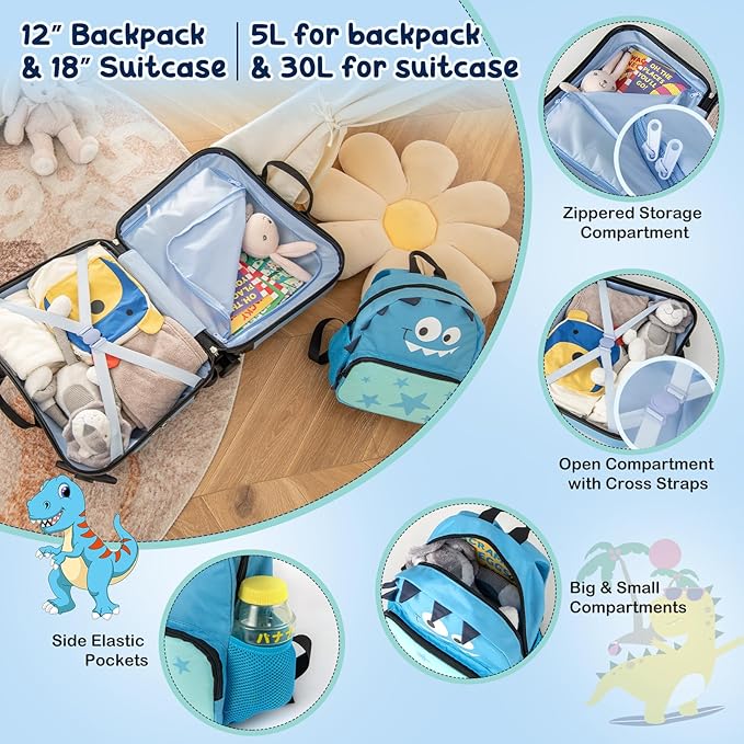 Luggage Set, 4 in 1 Toddler 18” Ride-on & Carry-on Hardshell Suitcase with Wheels, Anti-Lose Rope,ose Rope, storage. Moreover, there exist cross straps and a zippered storage pocket for keeping items in place