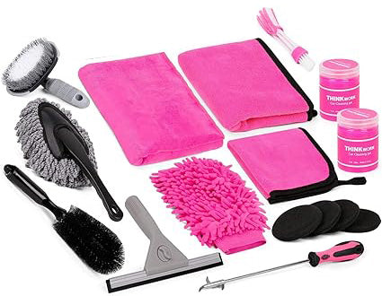 window scraper duster*1,tire brush*1,wheel brush*1,air vent brush*1,clear stone hook*1,waxing sponge*4,tool storage box*1. Pink Car Cleaning Kit, Car Wash kit, Car Cleaning Supplies for Women