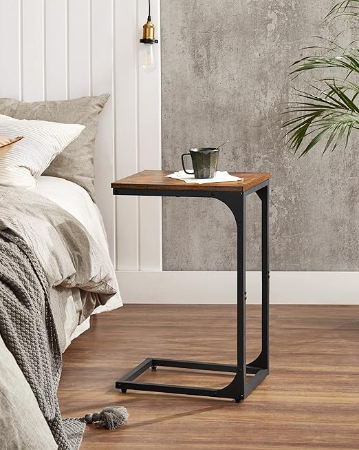 fits the gaps between your couches or the tight spots beside your bed,  Sofa Side Table, C-Shaped Snack Table TV Tray Table, Rustic Brown and Black