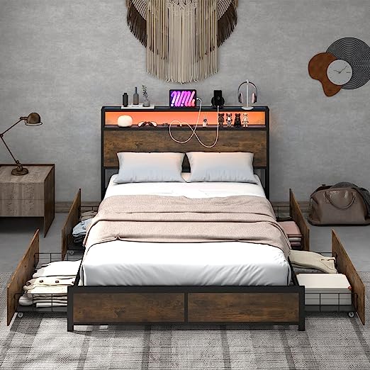 Full Bed Frame with Storage Headboard, Metal Platform Bed with Charging Station, LED Bed Frame with 4 Drawers, Bookcase Storage, No Box Spring Needed,