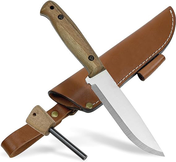 The handle of the knife is made of walnut wood, coated with Danish oil, which allows this tourist knife to be resistant to moisture and dirt  Fixed-Blade Carbon Steel Knife with Leather Sheath and Firestarter Camping