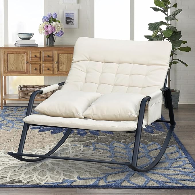 we designed this patio rocking chair, we adopted an anti-rollover design in structure to ensure smooth and safe swinging.  Outdoor Patio Rocking Chair, Modern Cozy Leisure Living Room Rocking Chair with Pillows