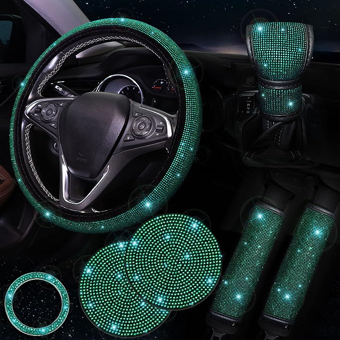 Bling Car Accessories Set, Leather and Top diamond craft work. The Bling Crystal Steering Wheel Cover made of durable microfiber leather and diamond, consisted hundreds of shiny rhinestones. Super Sparkly, Better Spotlight, Non-Dropping Diamond,