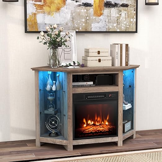 : This corner fireplace TV stand features a powerful electric fireplace with a touch panel that allows you to easily turn on/off the power,Electric Fireplace, Remote & Smart APP Control,