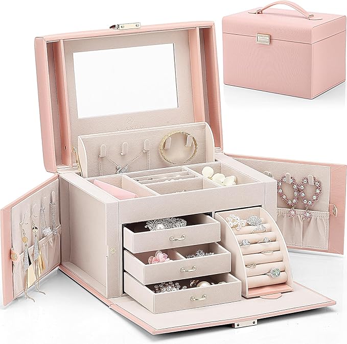 jewelry box features 3 small accessory drawers, 2 extendable necklace boards and 1 extendable ring holder,  Jewelry Box Organizer for Girls Women, Large Baroque Jewelry Storage Box with Mirror