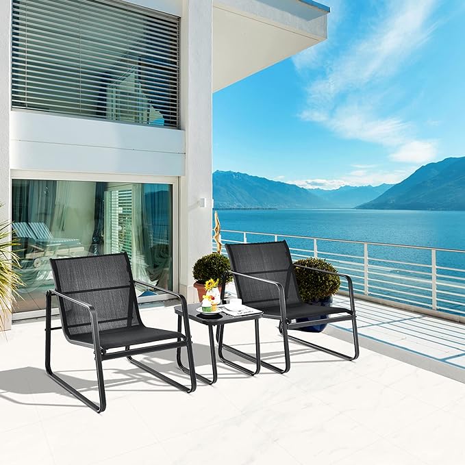 bringing elegant touch. The tempered glass top adds modern feeling for the conversation set.3 Pieces Patio Set, Patio Conversation Furniture Set with Glass-top Coffee Table and Porch Chairs