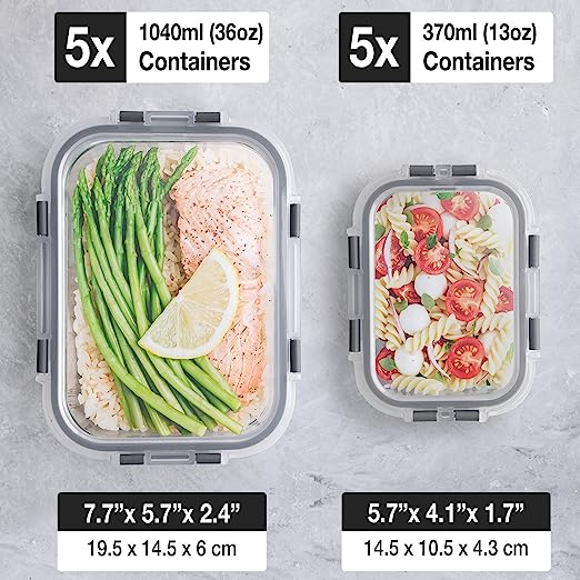 10 Pack Glass Container Food Storage, Glass Meal Prep Containers with Lids, Airtight Glass Bento Boxes with Leak Proof Locking Lids, for Microwave, Oven, Freezer and Dishwasher