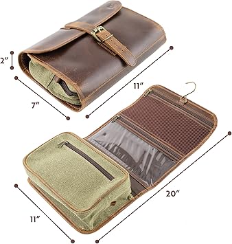 Dopp kit is made of GENUINE BUFFALO LEATHER and attractive green canvas. Toiletry Bag for Men & Women - Large Size Dopp Kit, Toiletry Bag with Hanger, Genuine Leather