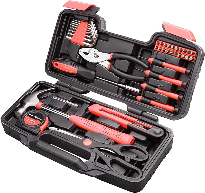 Tool Kit with Plastic Toolbox Storage Case-Pink 39-Piece Tool Set,