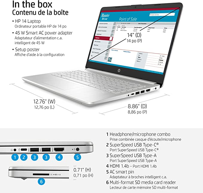 HP Laptop 14 inch, Intel® Core™ i3-1125G4 Processor, Intel® UHD Graphics, 4 GB DDR4-2666 MHz RAM, Windows 10 Home (14-dq2020ca, 2021 Model), Mineral Silver