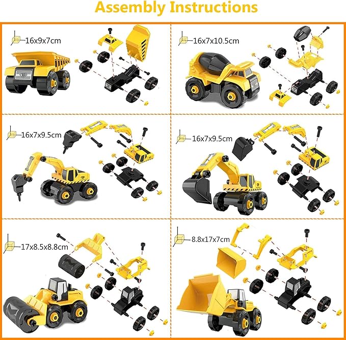 Easy to Build Your Vehicles: The detailed assembly instruction is included in the box. Truck Car Toys with Electric Drill, Construction Vehicles Building Excavator Toy STEM Trucks Vehicle Set for Kids,