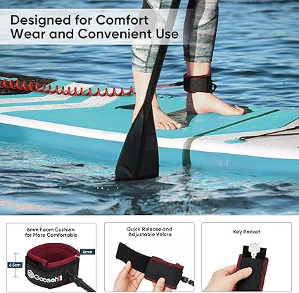 6mm Neoprene Ankle Cuff, 10ft Coiled SUP Paddle Leash for Longboards, Inflatable Paddleboard-strong enough to handle the longest and heaviest boards, which can be stretched up to 5 times the coiled length in use,