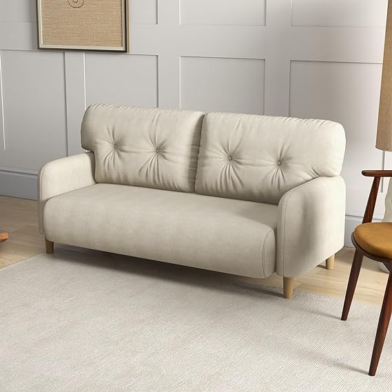 Steel frame and 4 beechwood legs to ensure reliable strength when in use,  Upholstered 2 Seater Couch with 2 Tufted Back Cushions, Solid Wood Frame