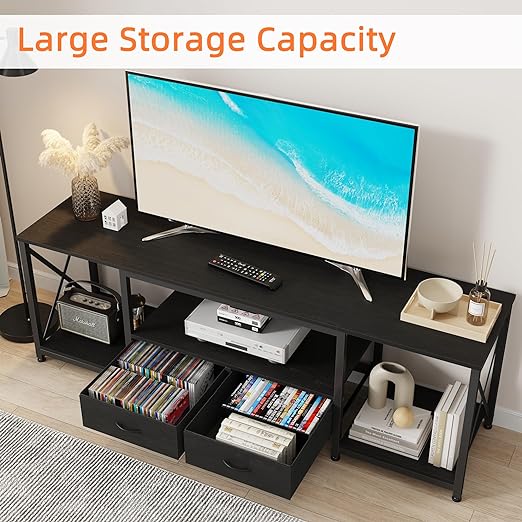 this TV stand ensures secure and stable support for your TV, providing peace of mind and reliability, Entertainment Center and Industrial TV Console Table with Open Storage Shelves for Living Room