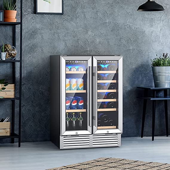 24 Inch Wine and Beverage Refrigerator Cooler, 19 Bottles and 57 Cans Dual Zone Beverage Fridge Cellar with Memory Temperature Control, 2 Safety Lock, LED Light, Built-In or Freestanding 2-in-1