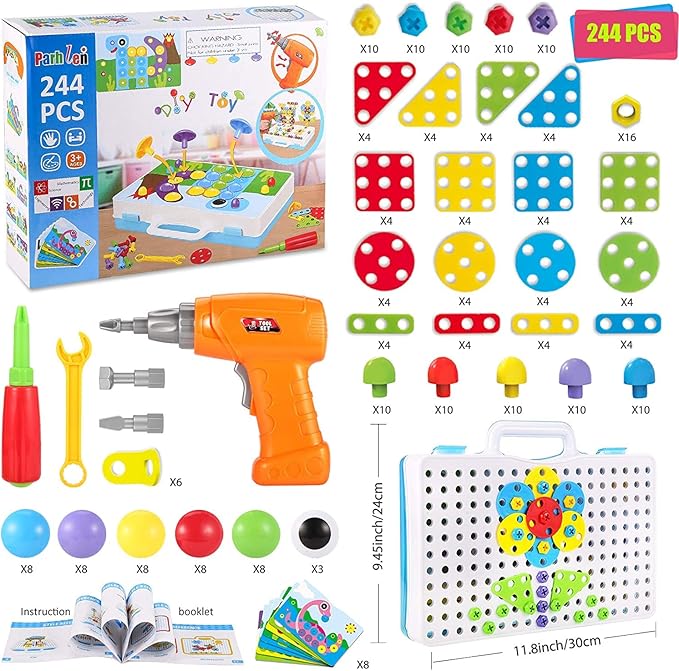 Your kids can use the electric screwdriver assembling the plates onto the base grid to build 3D and 2D crafts, Toys Building Blocks, 244 Pieces Electric Screwdriver DIY Building Toys for Both Boys and Girls,