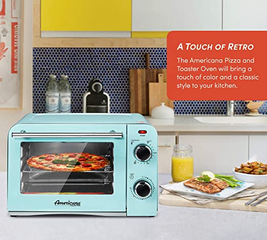 Elite Gourmet Americana ETO1200BL# Vintage Diner 50’s Retro Countertop Toaster Oven, 1300W, Bake, Broil, Toast, with Temperature Control 60-Minute Timer, Fits 9” Pizza, 4 Slice, Retro Blue