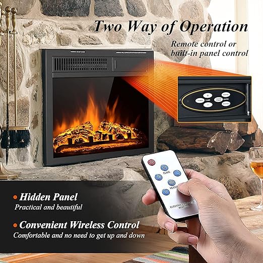 the remote, which allows you to control the fireplace without moving; or with the hidden control panel,