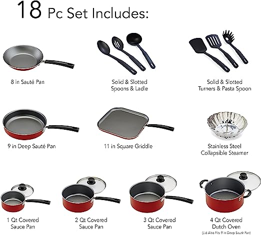 18-Piece Nonstick Kitchen Cookware Set - PTFE/PFOA/PFOS Free Heat Resistant Kitchen Ware Pots